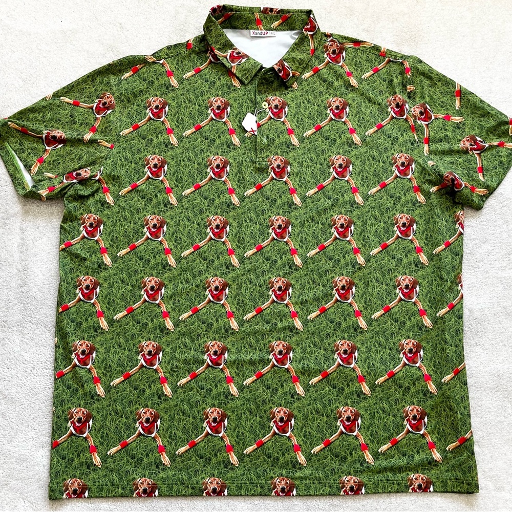 XANDUP NWT Still Ruffin It Dog Print Polo Size 4XL Novelty Funny Artsy
